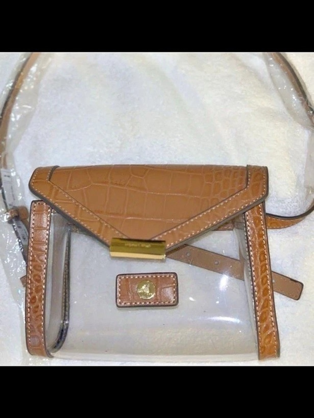 Michael Kors Whitney Large Clear and Leather Satchel Brown Clear Crossbody Bag